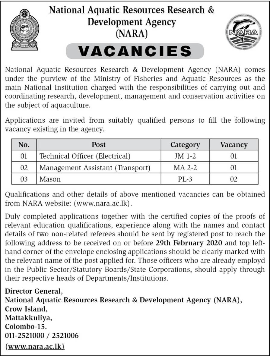 Technical Officer (Electrical), Management Assistant (Transport), Mason – National Aquatic Resources Research and Development Agency (NARA) 2020