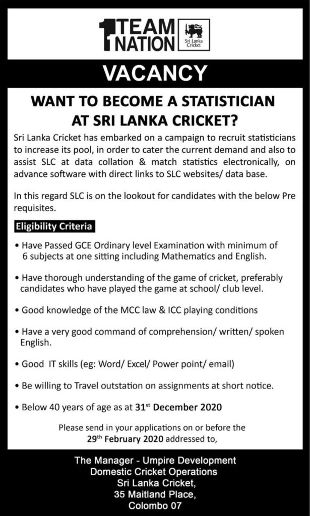 Statistician – Sri Lanka Cricket 2020