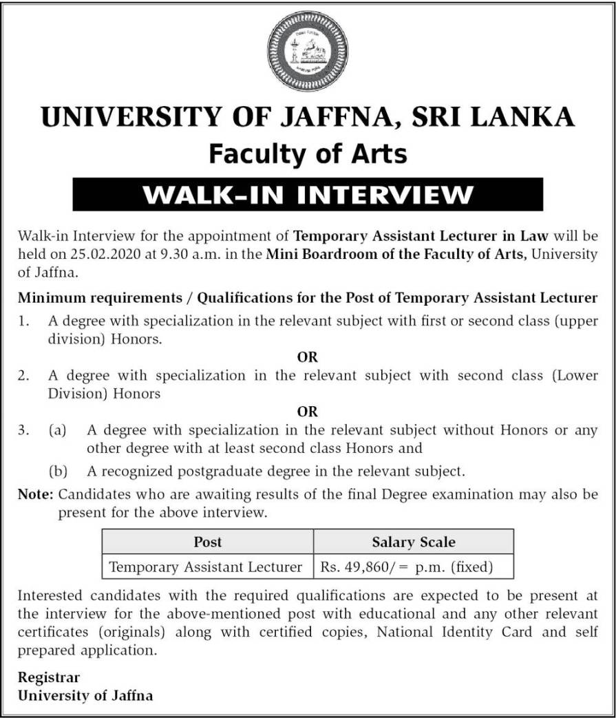 Temporary Assistant Lecturer – Faculty of Arts – University of Jaffna 2020