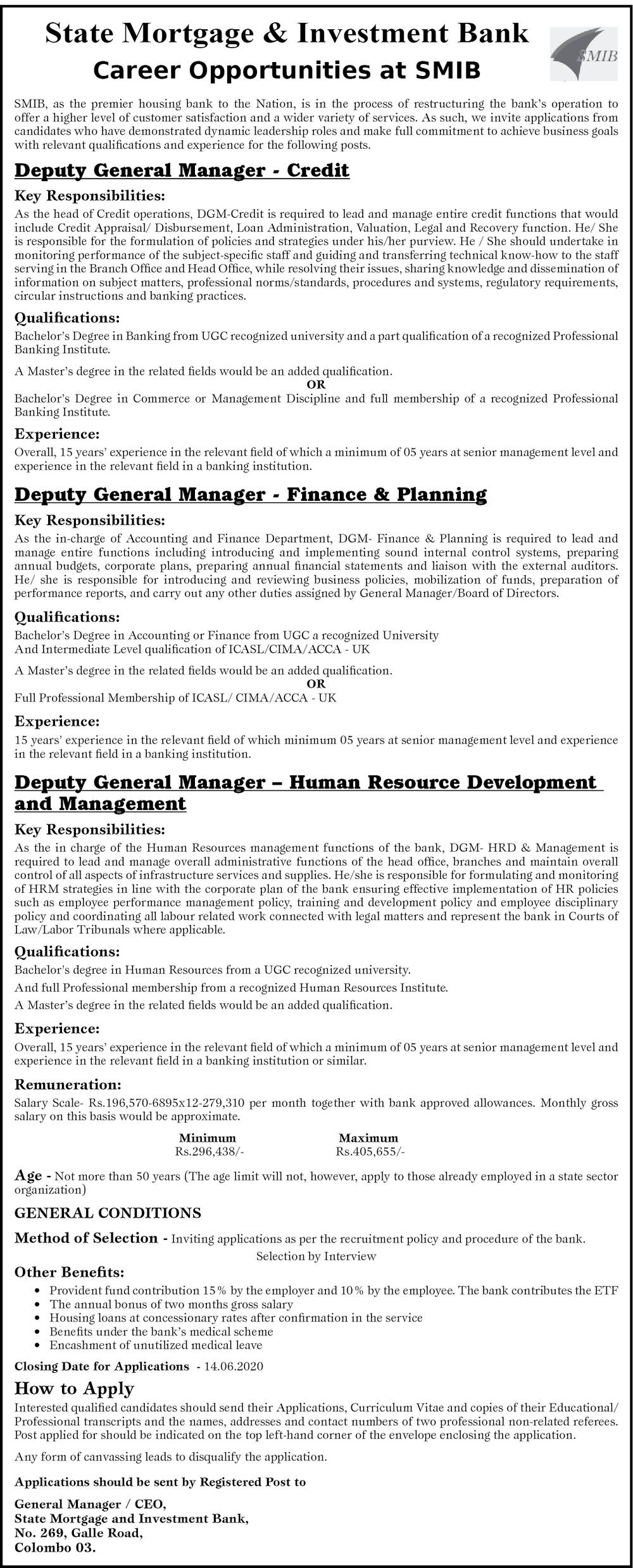 Deputy General Manager (Credit, Finance & Planning, HR Development & Management) - State Mortgage & Investment Bank