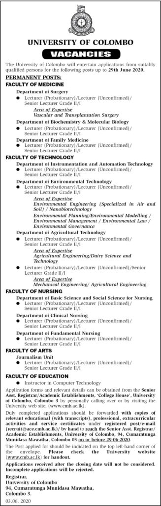 Senior Lecturer, Lecturer, Instructor in Computer Technology - University of Colombo