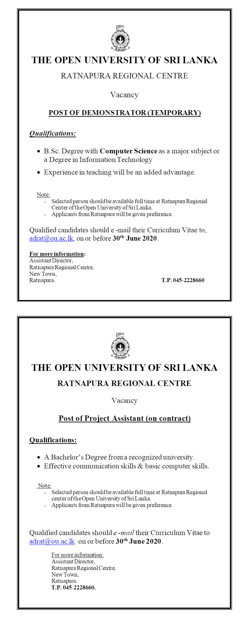 Demonstrator, Project Assistant – Ratnapura Regional Centre – Open University of Sri Lanka