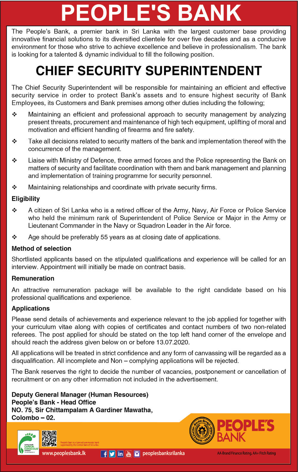 Chief Security Superintendent – People’s Bank