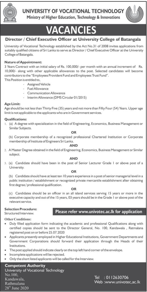 Director / Chief Executive Officer – University College of Batangala – University of Vocational Technology