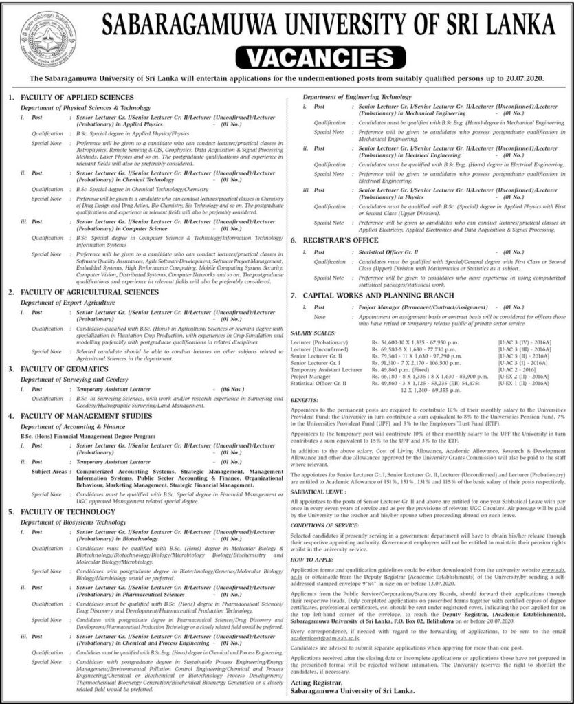 Lecturer (Unconfirmed), Lecturer (Probationary), Senior Lecturer (Grade I / II), Temporary Assistant Lecturer, Project Manager, Statistical Officer (Grade II) – Sabaragamuwa University of Sri Lanka