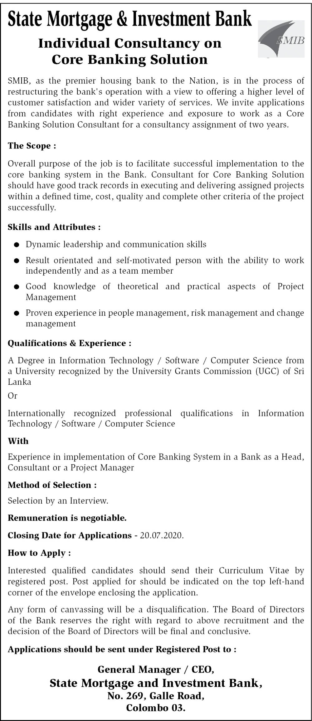 Individual Consultancy on Core Banking Solution – State Mortgage and Investment Bank