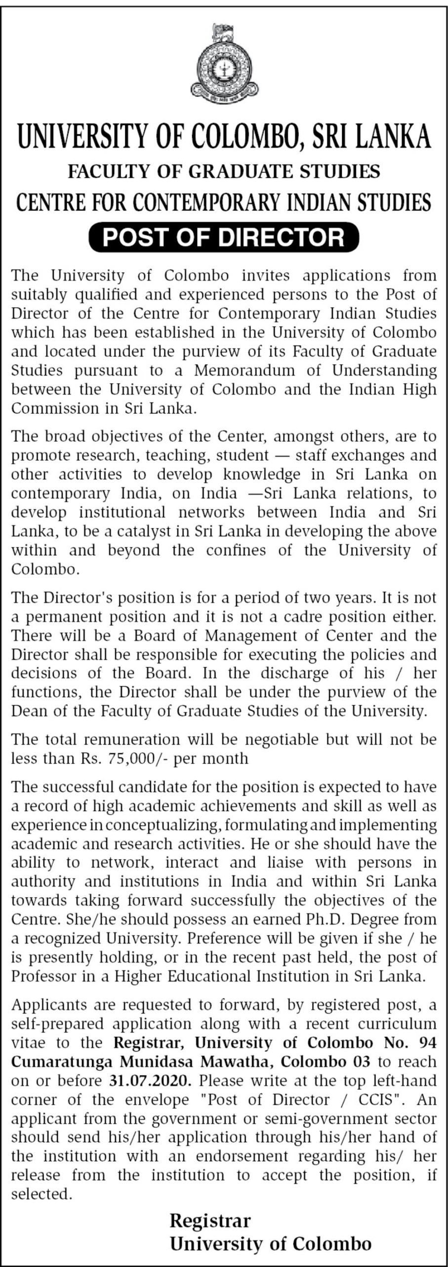 Director - University of Colombo Vacancies 2020