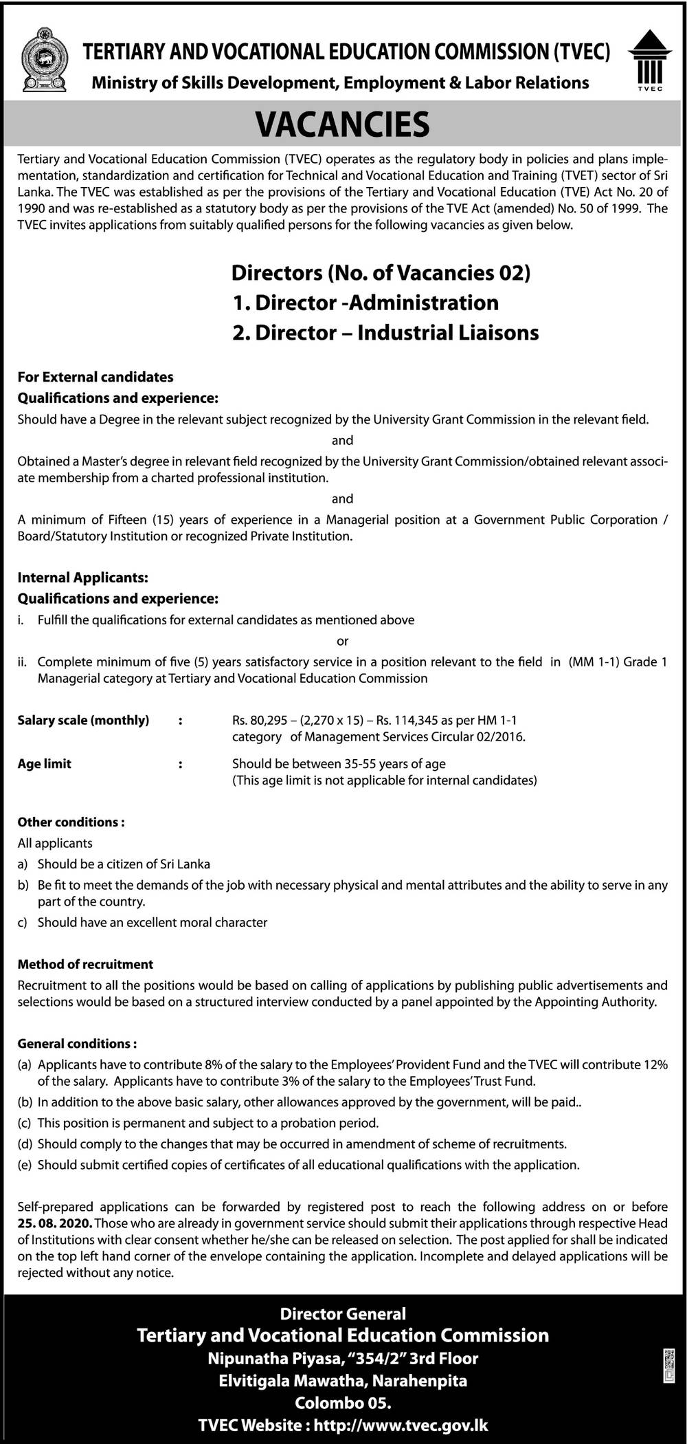 Director (Administration / Industrial Liaisons) – Tertiary and Vocational Education Commission 2