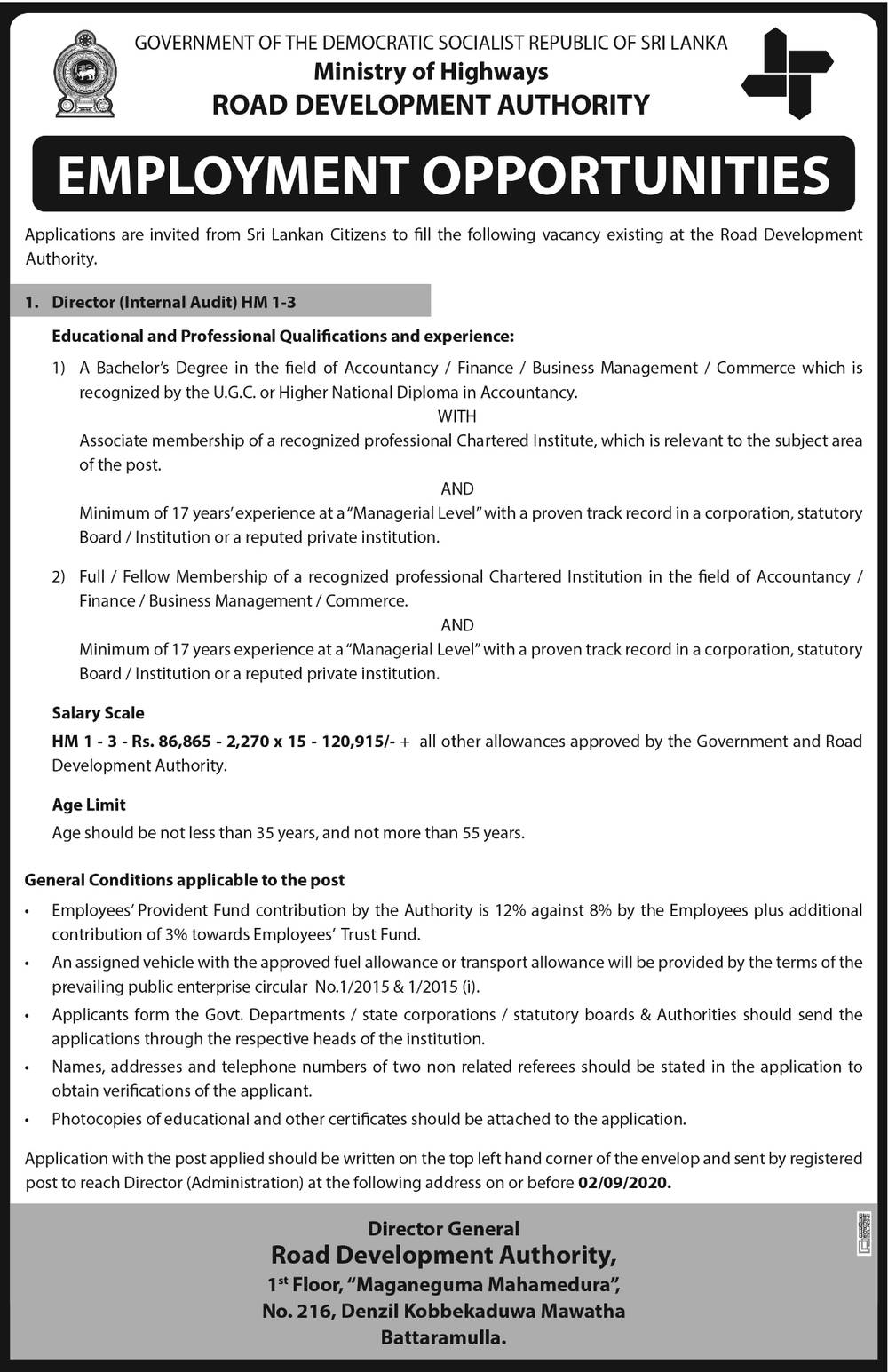 Director (Internal Audit) – Road Development Authority Vacancies 