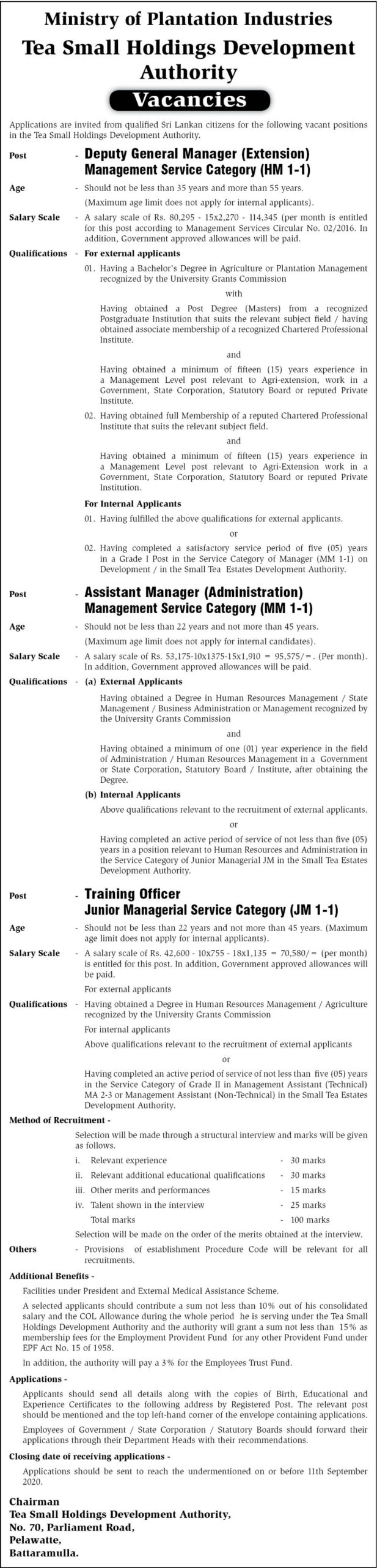 Deputy General Manager (Extension), Assistant Manager (Administration), Training Officer – Tea Small Holdings Development Authority 2