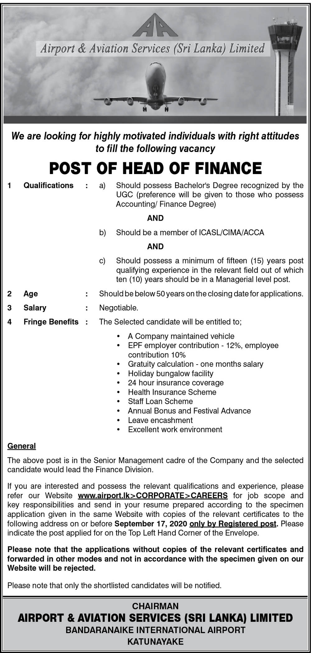 Head of Finance – Airport and Aviation Services (Sri Lanka Limited