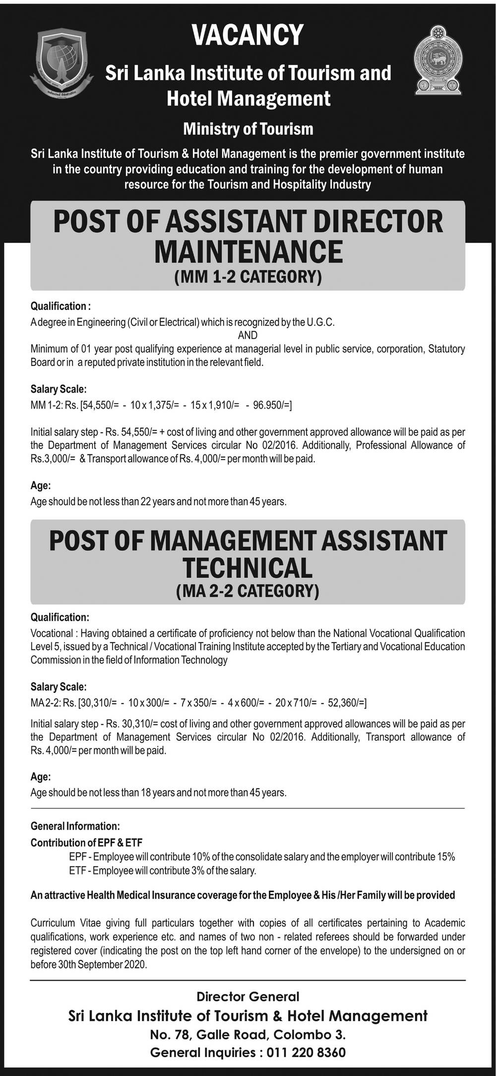 Assistant Director (Maintenance), Management Assistant (Technical) – Sri Lanka Institute of Tourism and Hotel Management
