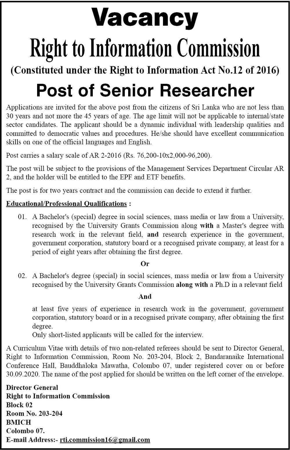 Senior Researcher – Right to Information Commission 2