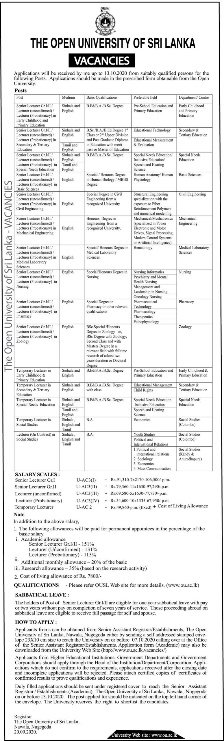 Senior Lecturer (Grade I / II), Lecturer (Unconfirmed), Lecturer (Probationary), Temporary Lecturer – Open University of Sri Lanka