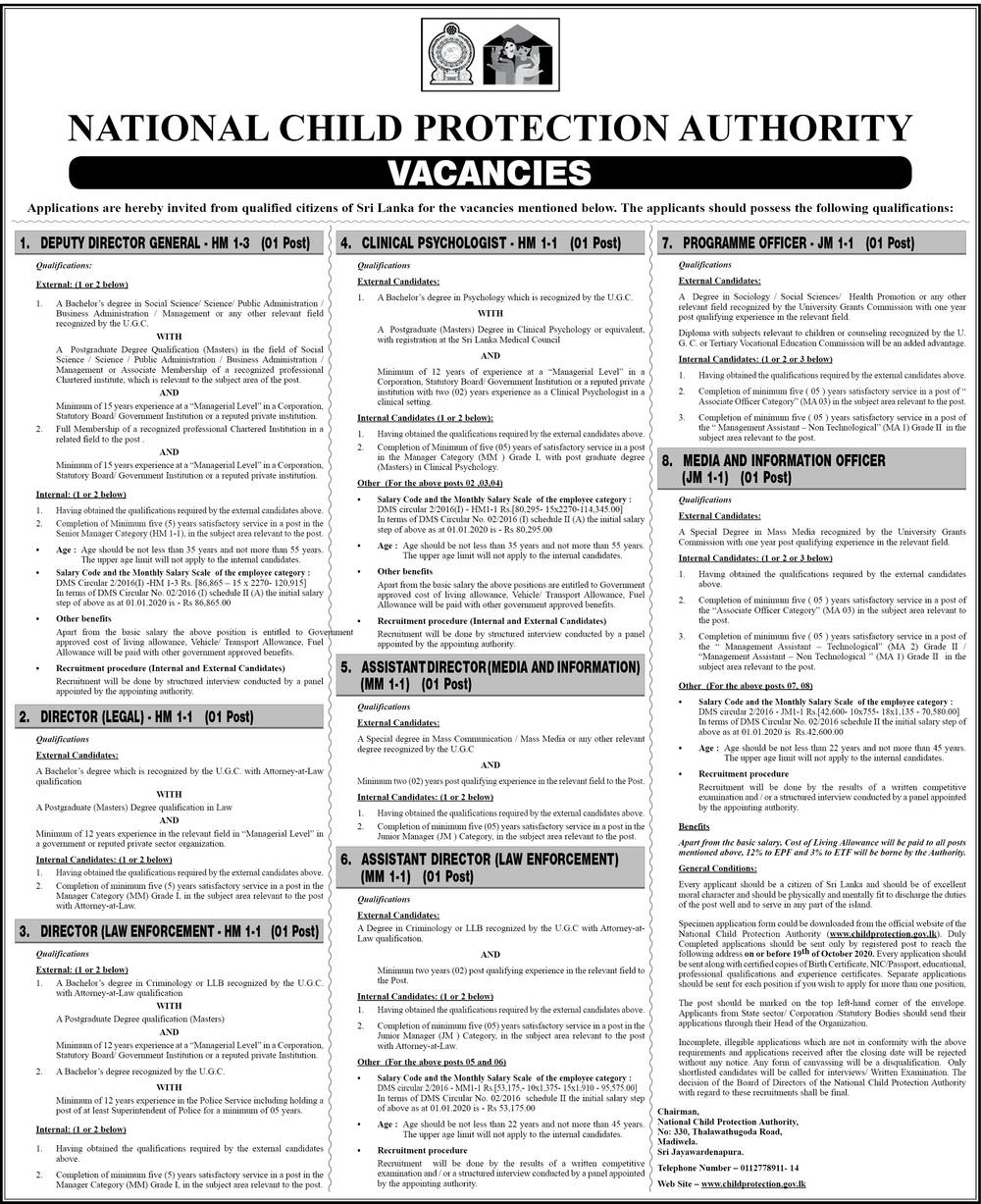 Deputy Director General, Director, Clinical Psychologist, Assistant Director, Programme Officer, Media and Enforcement Officer – National Child Protection Authority