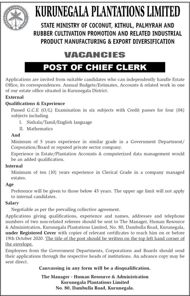 Chief Clerk – Kurunegala Plantations Limited 3