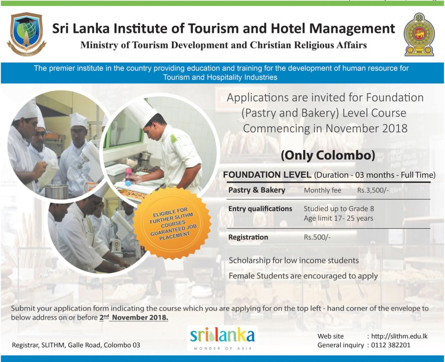 Foundation (Pastry and Bakery) Level Course Commencing in November 2018 – Sri Lanka Institute of Tourism and Hotel Management (SLITHM) 1