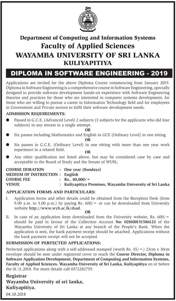 Diploma in Software Engineering 2019 – Faculty of Applied Sciences – Wayamba University of Sri Lanka