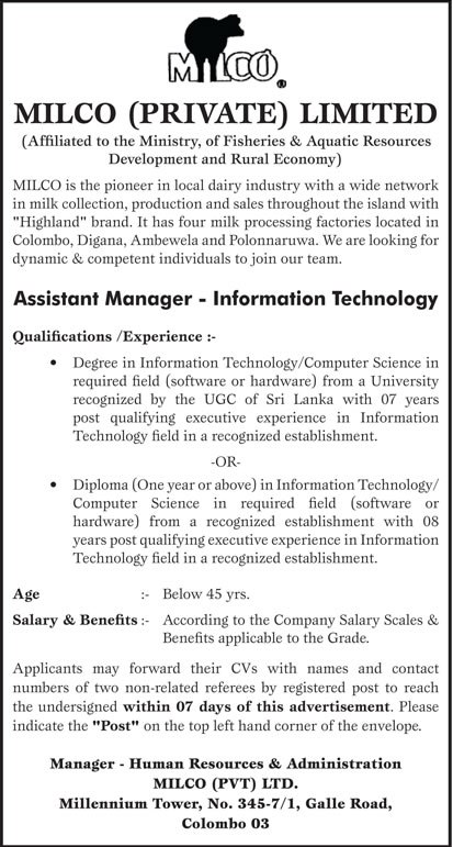 Assistant Manager (Information Technology) – Milco (Private) Limited