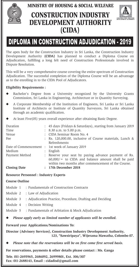 Diploma in Construction Adjudication 2019 – Construction Industry Development Authority