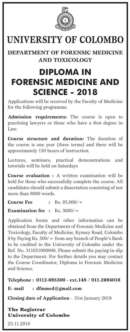 Diploma in Forensic Medicine and Science 2018 - Department of Forensic Medicine and Toxicology – University of Colombo
