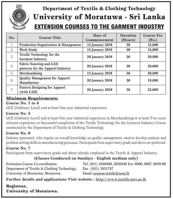 Extension Courses to the Garment Industry – Department of Textile and Clothing Technology – University of Moratuwa