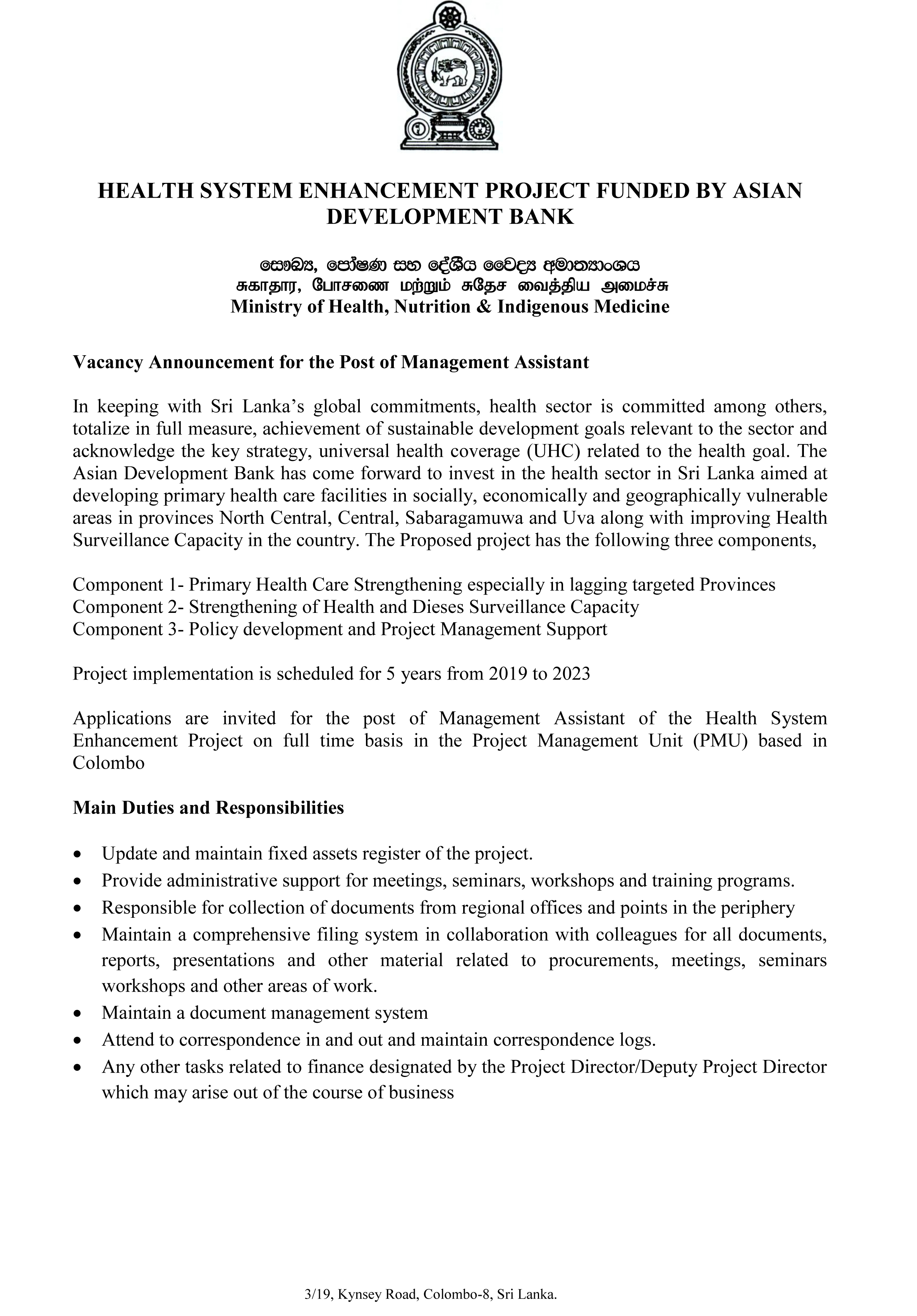 Management Assistant- Health System Enhancement Project Funded by Asian Development Bank