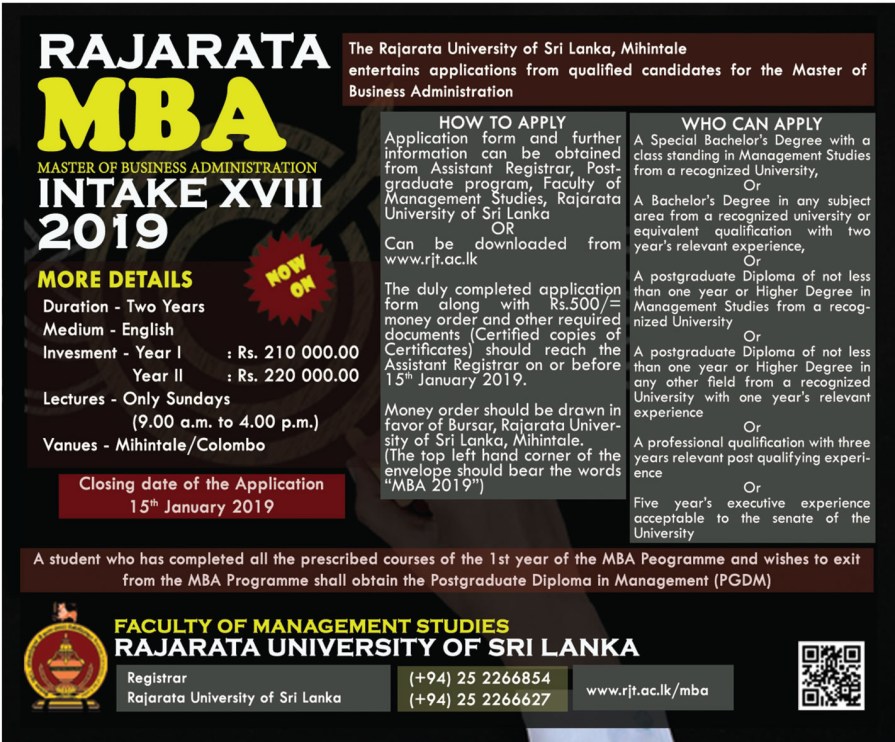 Master of Business Administration (Intake XVIII 2019) – Faculty of Management Studies – Rajarata University of Sri Lanka