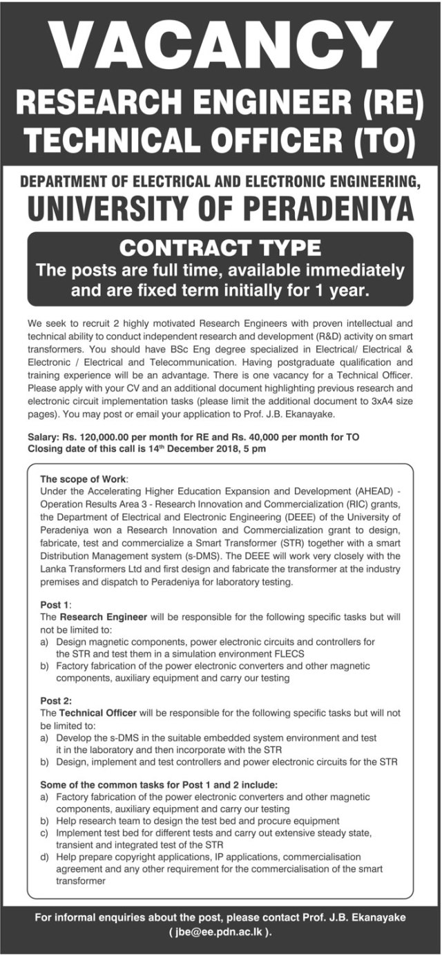 Research Engineer, Technical Officer – Department of Electrical and Electronic Engineering – University of Peradeniya