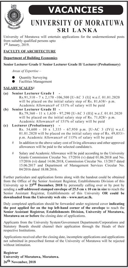 Senior Lecturer (Grade I / II)  Lecturer (Probationary) – Department of Building Economics – Faculty of Architecture – University of Moratuwa