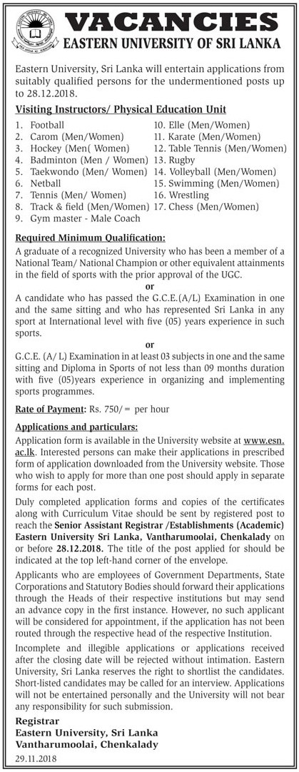 Visiting Instructors – Physical Education Unit – Eastern University, Sri Lanka