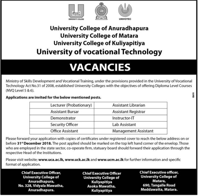 University of Vocational Technology Vacancies 2018 