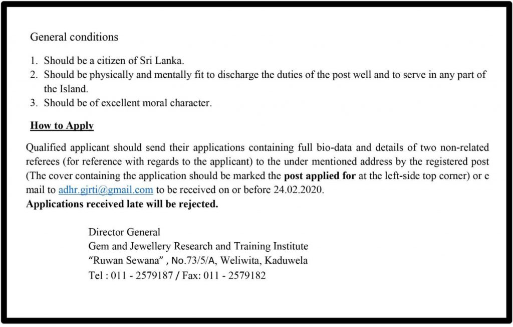 Technical Assistant, Labourer (Contract Basis) – Gem and Jewellery Research and Training Institute 2020 2