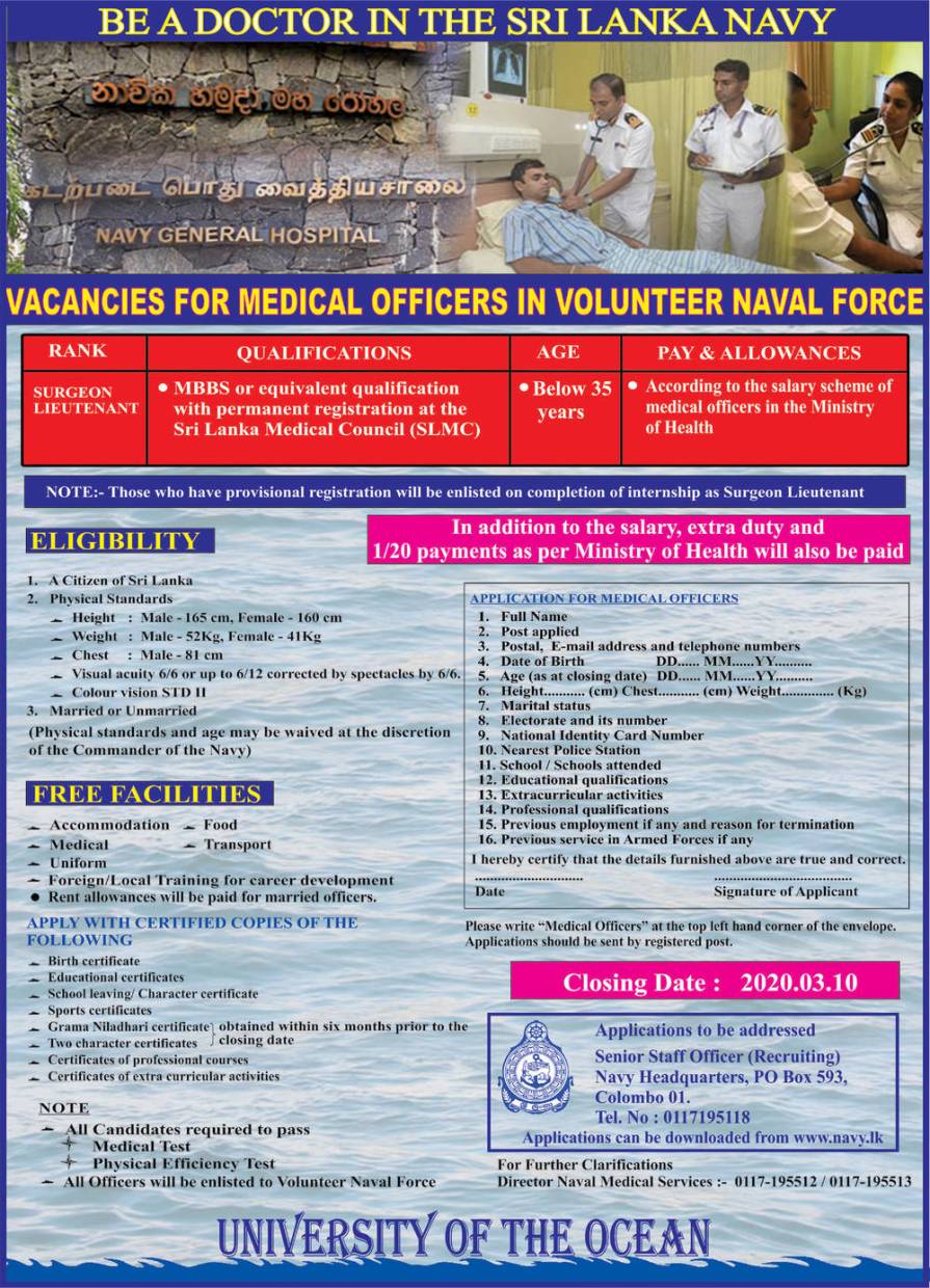 Medical Officers – Volunteer Naval Force – Sri Lanka Navy 2020