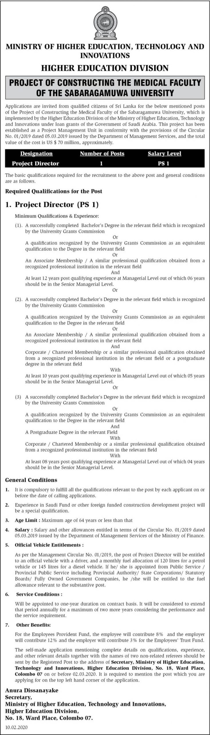 Project Director – Project of Constructing Medical Faculty of Sabaragamuwa University 2020