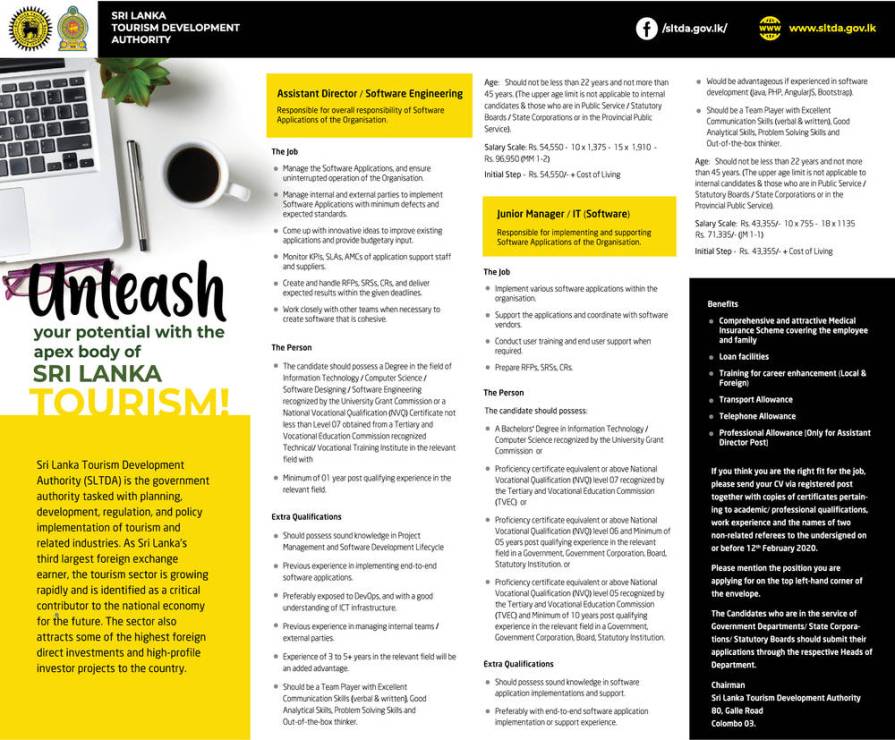 Assistant Director / Software Engineering, Junior Manager / IT (Software) – Sri Lanka Tourism Development Authority 2020