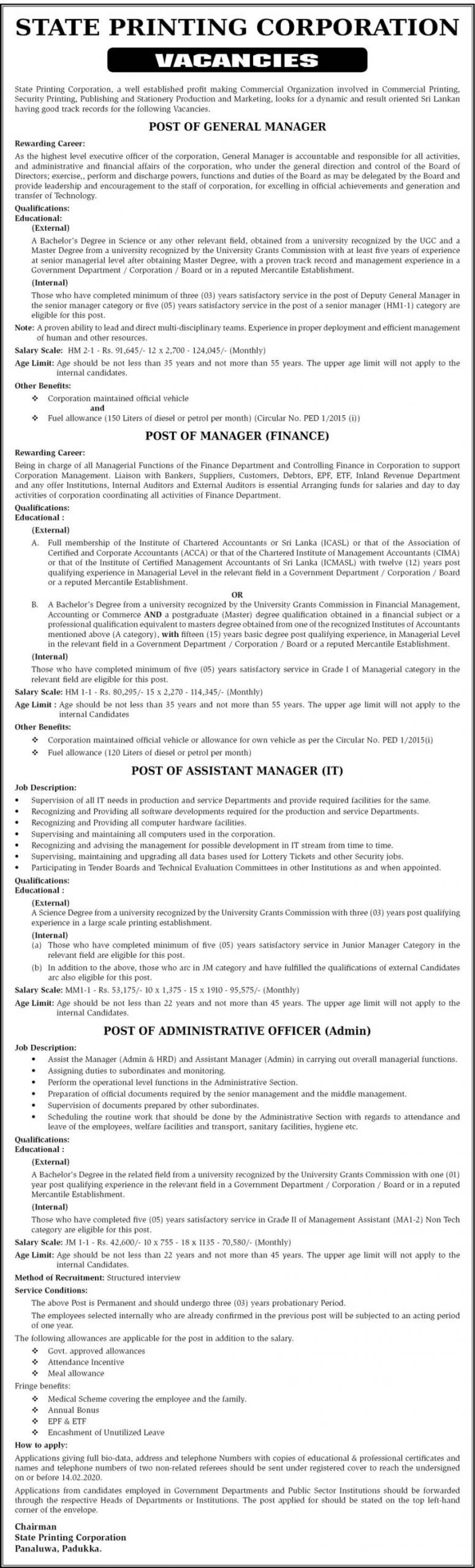 General Manager, Manager (Finance), Assistant Manager (IT), Administrative Officer (Admin) – State Printing Corporation 2020