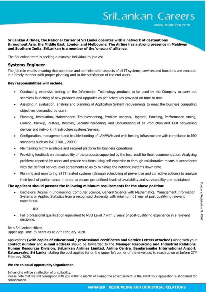 Systems Engineer – Sri Lankan Airlines Ltd 2020
