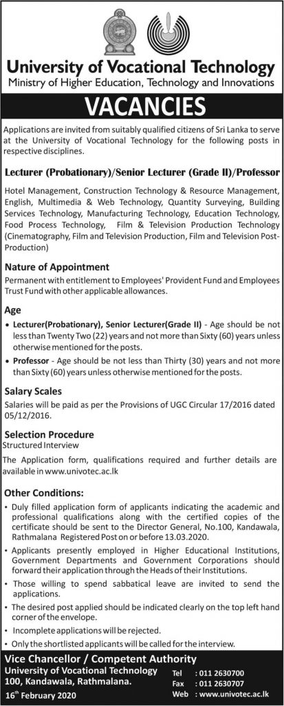 Lecturer (Probationary), Senior Lecturer (Grade II), Professor – University of Vocational Technology 2020