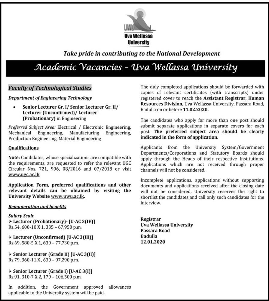 Lecturer, Senior Lecturer (Grade I / II), Lecturer (Unconfirmed), Lecturer (Probationary) – Faculty of Technological Studies – Uva Wellassa University of Sri Lanka 2020