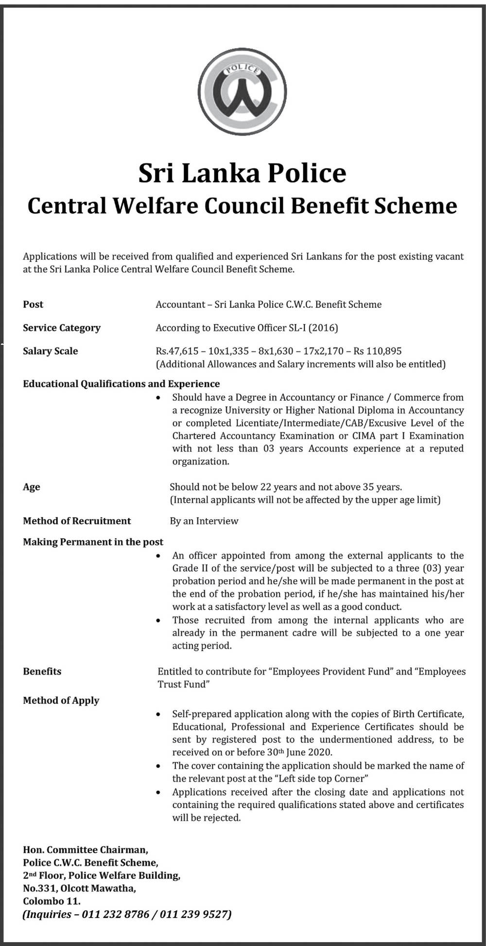 Accountant – Central Welfare Council Benefit Scheme – Sri Lanka Police