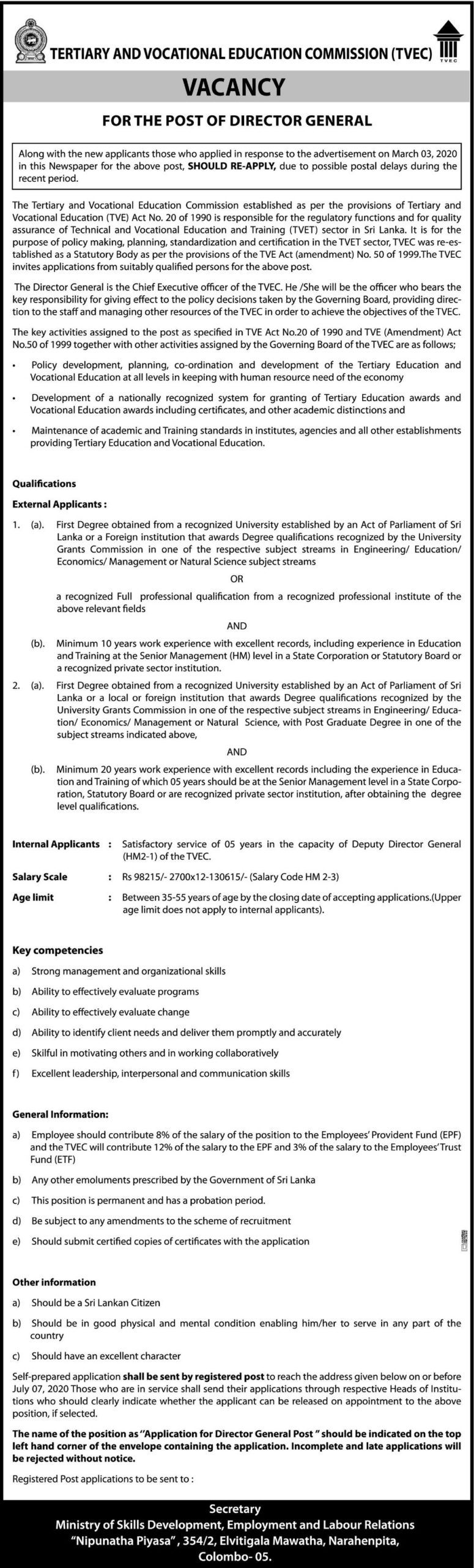Director General – Tertiary and Vocational Education Commission