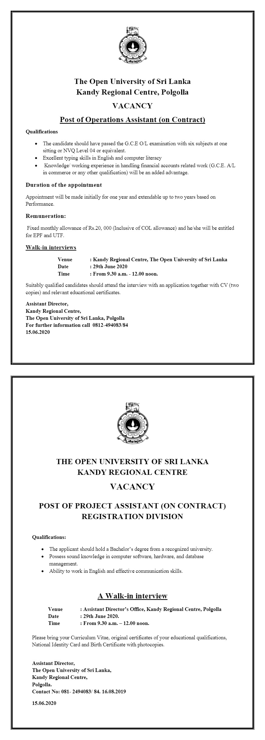 Operations Assistant, Project Assistant – Kandy Regional Centre – Open University of Sri Lanka