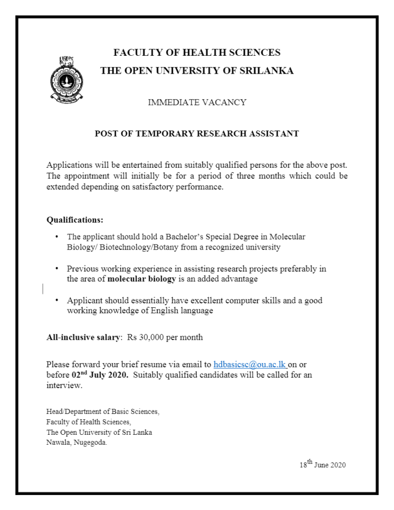 Temporary Research Assistant – Open University of Sri Lanka