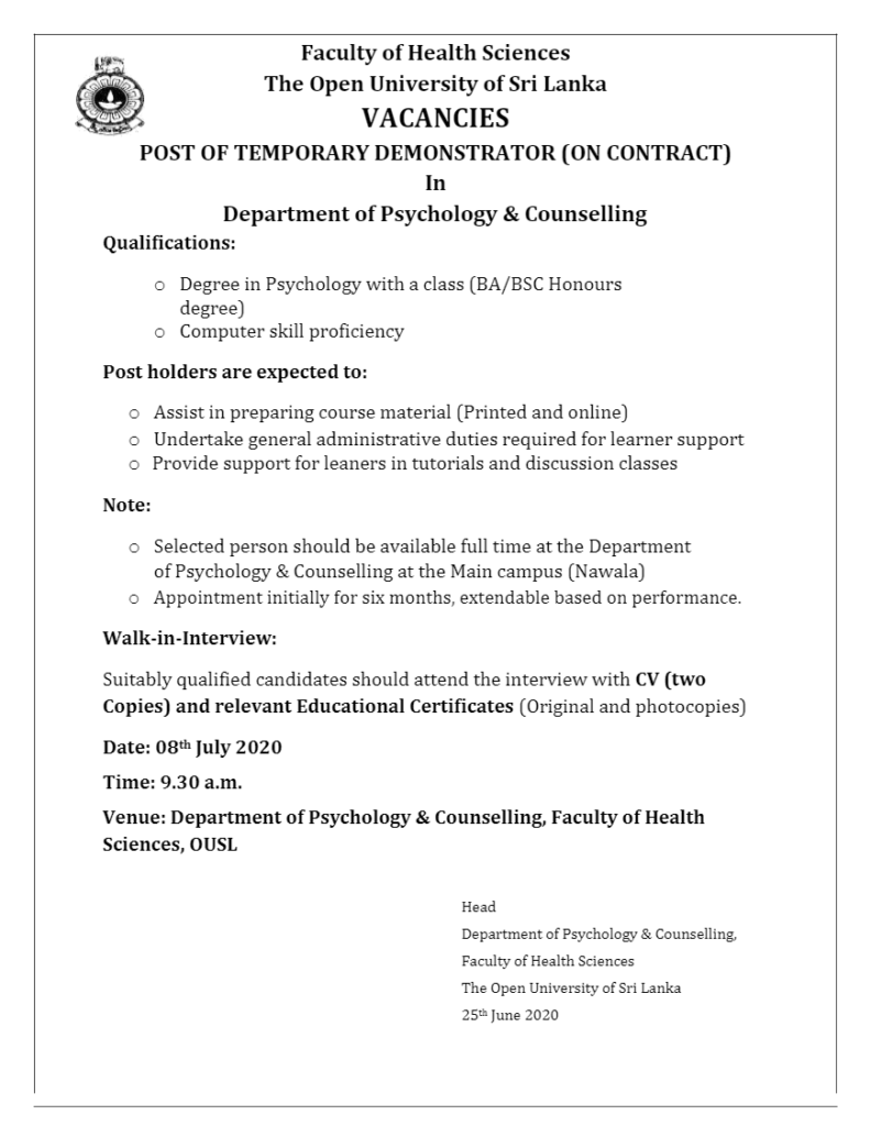 Temporary Demonstrator in Department of Psychology and Counselling – Open University of Sri Lanka