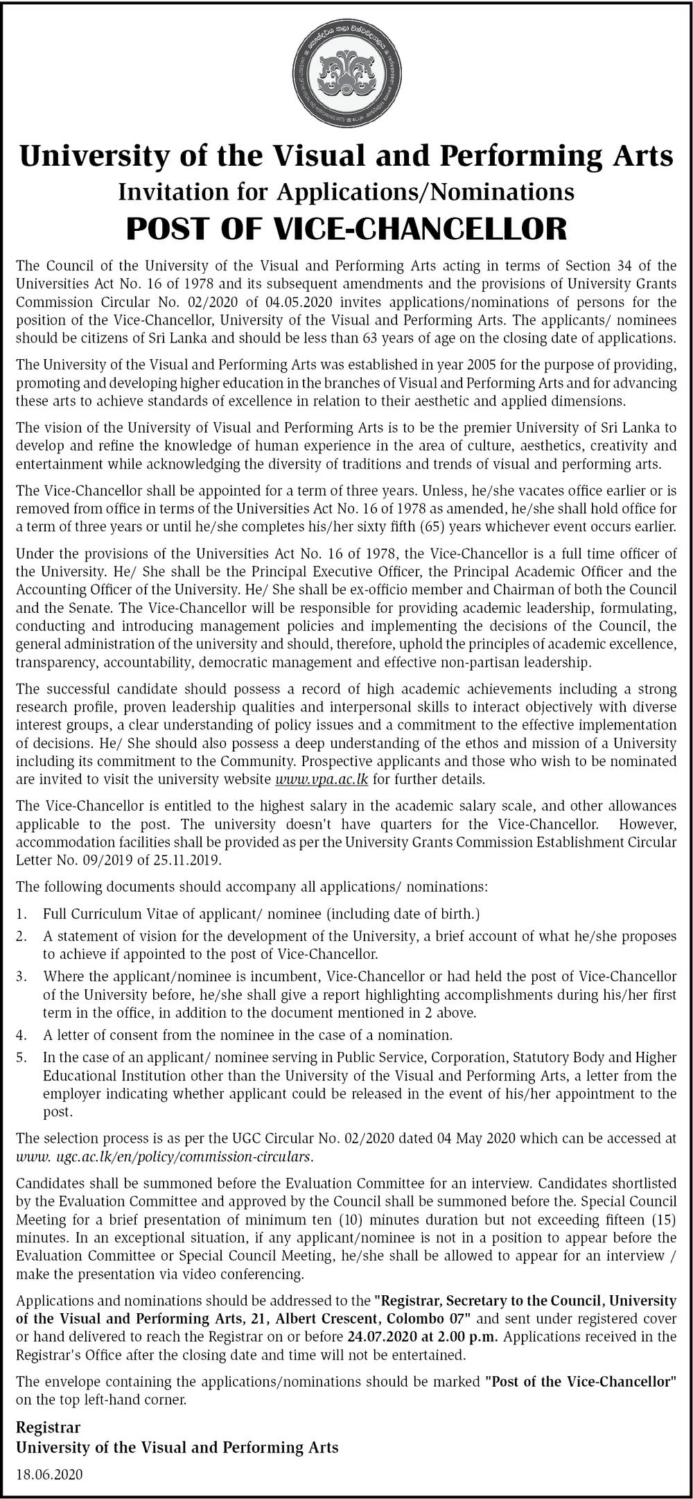 Vice-Chancellor – University of the Visual and Performing Arts