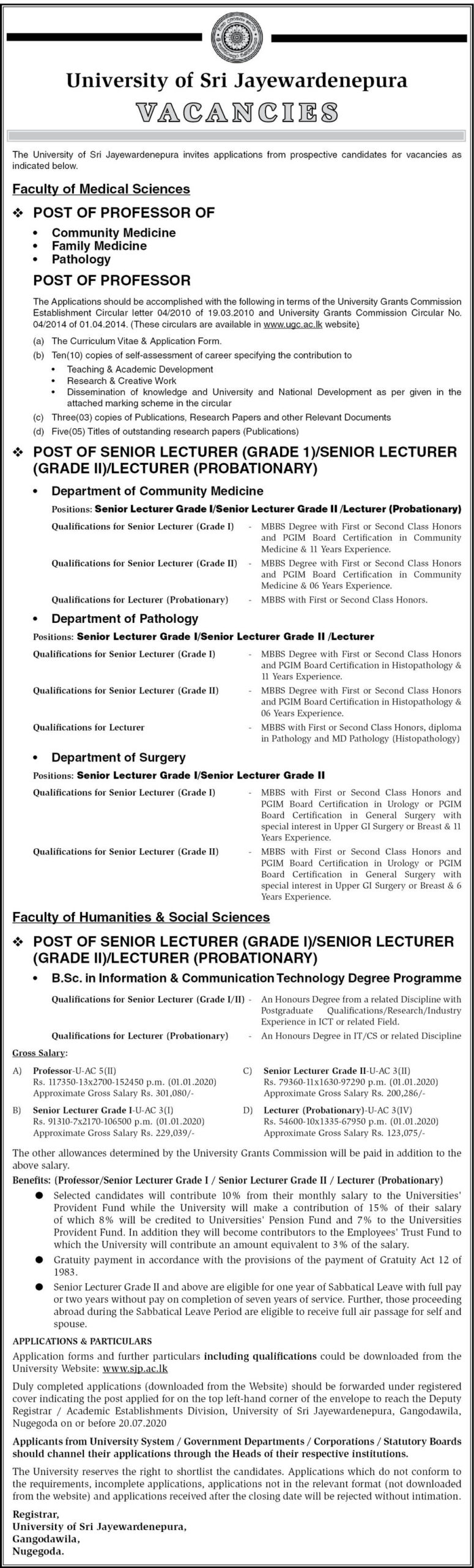 Professor, Senior Lecturer (Grade I/II), Lecturer (Probationary) – University of Sri Jayewardenepura