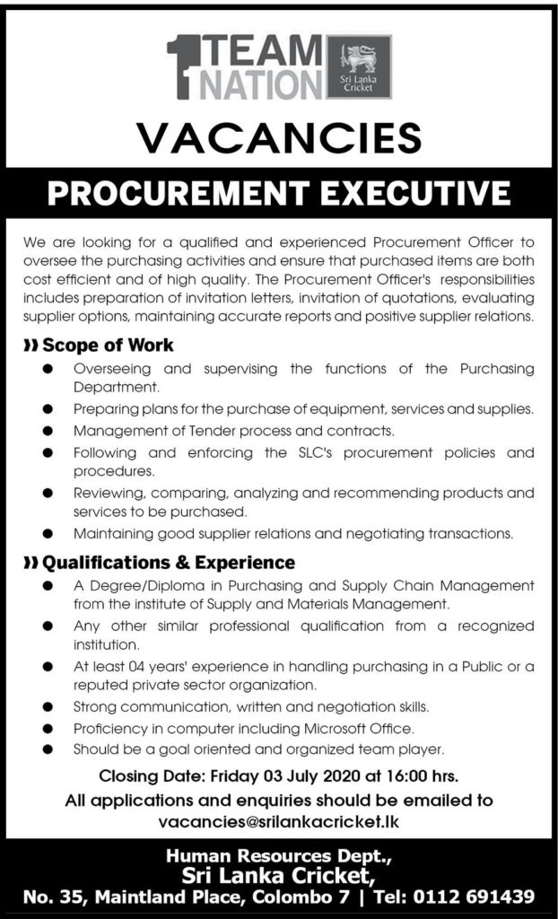 Procurement Executive – Sri Lanka Cricket