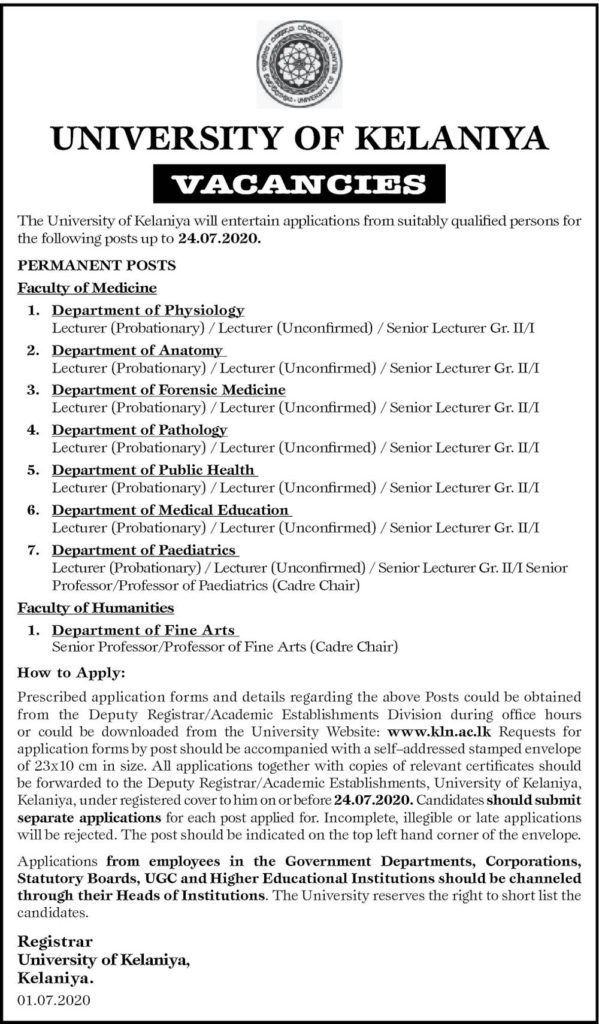 Lecturer (Probationary), Lecturer (Unconfirmed), Senior Lecturer (II / I) – University of Kelaniya