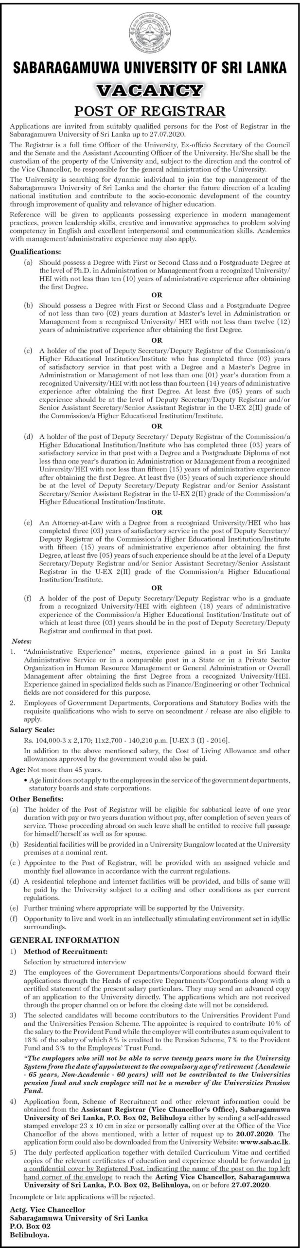 Registrar – Sabaragamuwa University of Sri Lanka